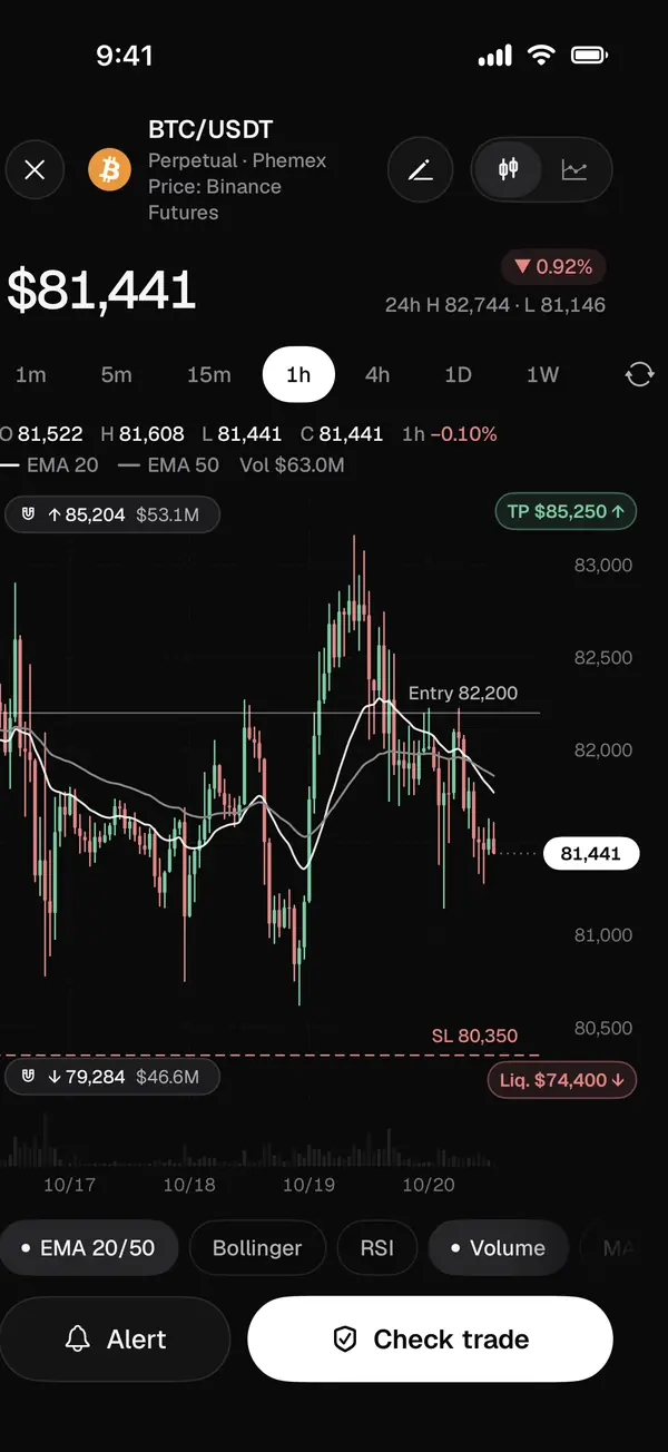Pro chart BTC/USDT with magnets above and below, entry, take profit, stop loss and liquidation