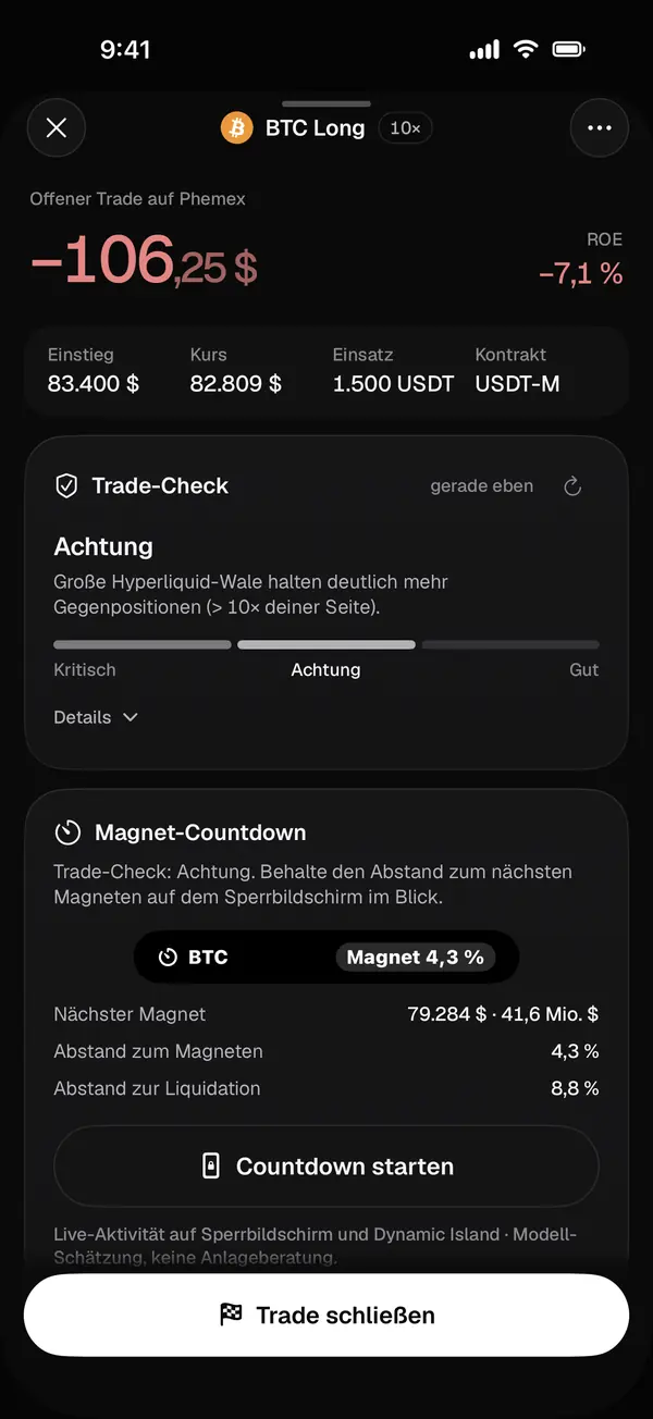 Magnet-Countdown-Karte in der App mit nächstem Magneten, Abstand zum Magneten und zur Liquidation