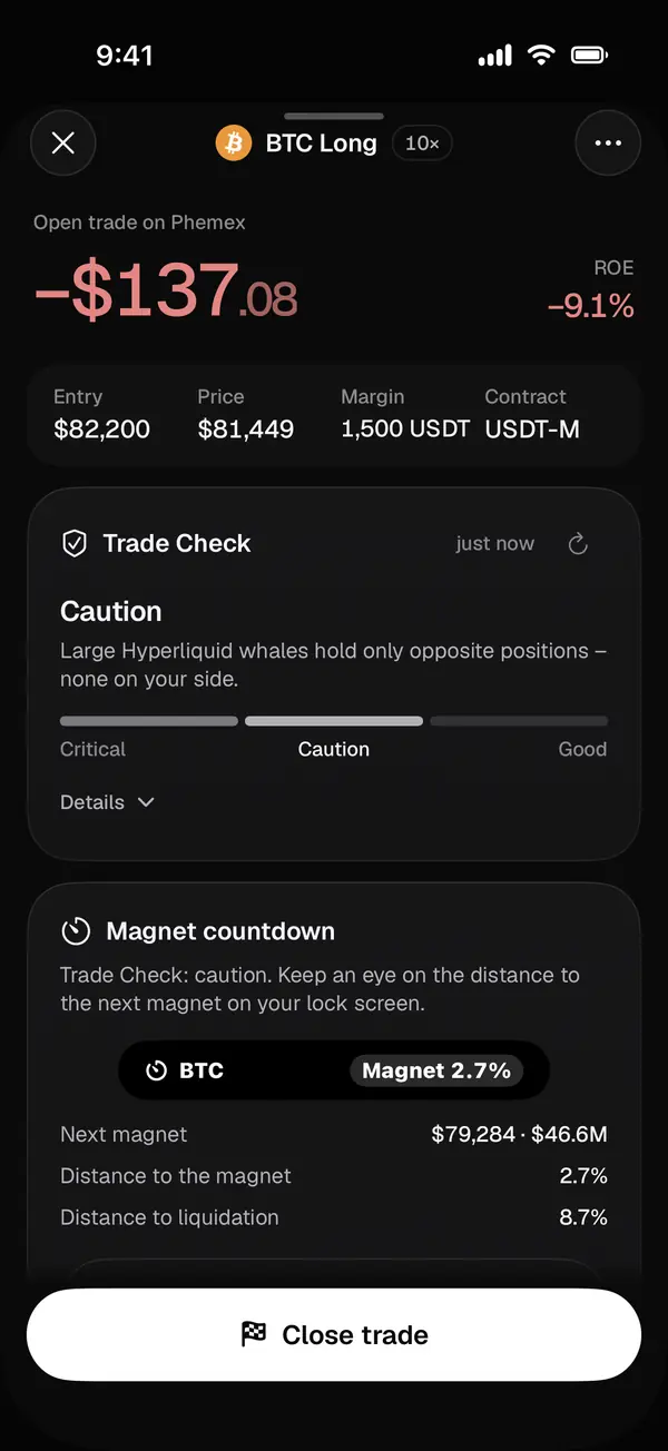 Magnet countdown card in the app with the next magnet, distance to the magnet and to liquidation