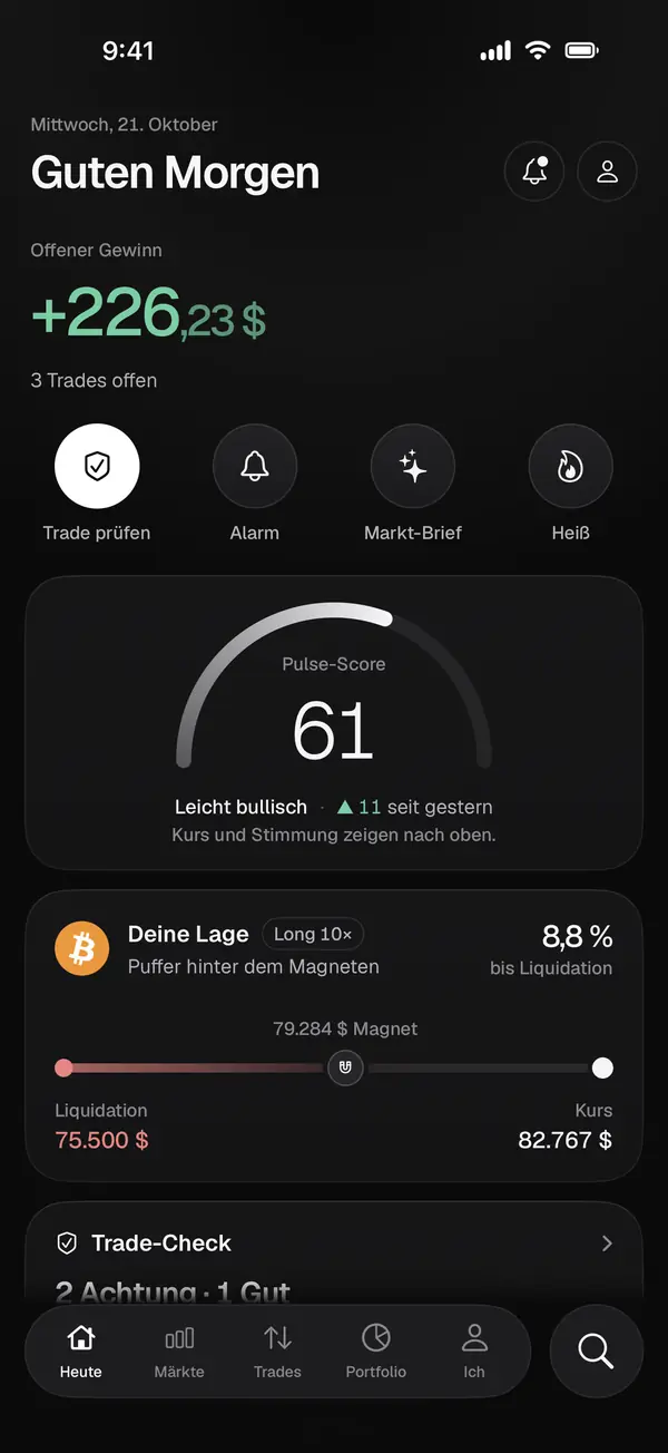 Startseite „Heute“ der App mit offenem Gewinn, Pulse-Score und Puffer zum Magneten