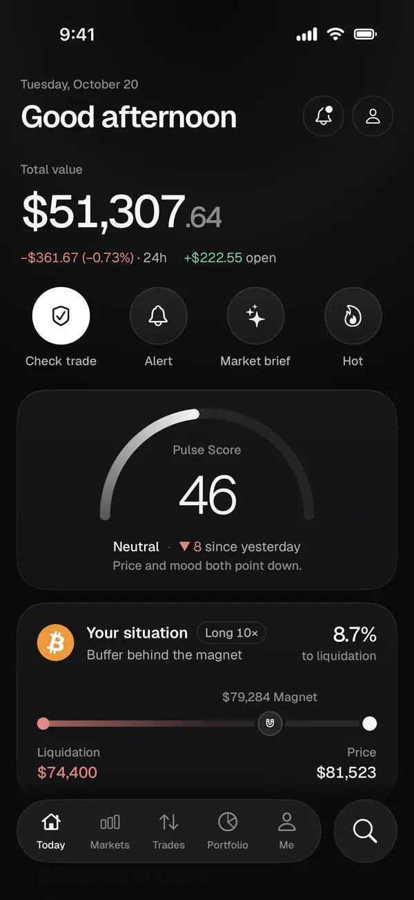 The app's Today screen with open profit, Pulse Score and buffer to the magnet