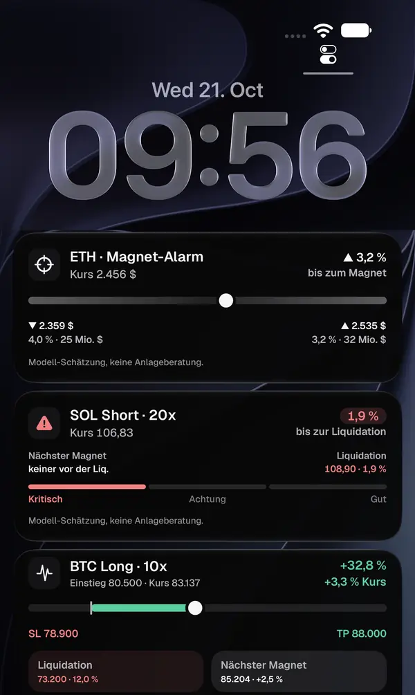 Lock screen with three MMTC Pulse Live Activities: magnet alert, distance to liquidation and an open trade