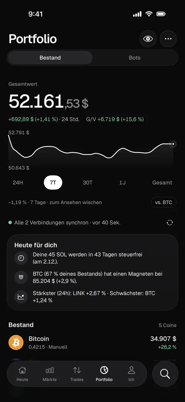 Portfolio mit Gesamtwert, Verlauf und dem Hinweis, dass 45 SOL in 43 Tagen steuerfrei werden