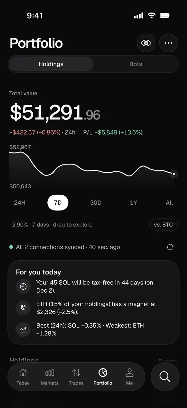 Portfolio with total value, history and a note that 45 SOL become tax-free in 44 days